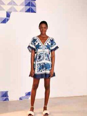 Farm Rio Tropical Tiles Floral Linen Blend Mini Dress Sz M